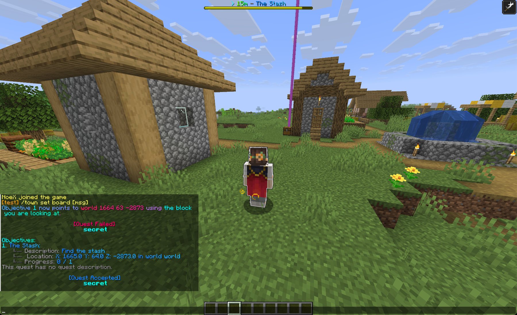 A player following a NotQuests guiding beam with the bossbar compass visible at the top.